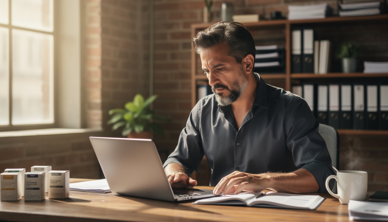 Hombre de mediana edad revisando documentos de normativa alimentaria en oficina de Calama