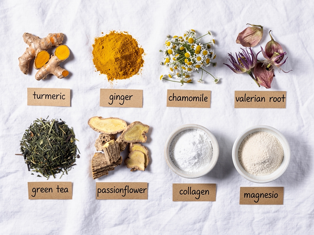 Selección de ingredientes naturales secos incluyendo cúrcuma, jengibre y manzanilla sobre superficie blanca